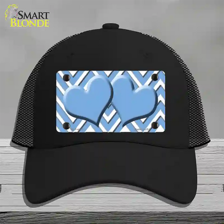 Light Blue White Large Chevron Light Blue Center Hearts Novelty License Plate Hat Mesh / Black