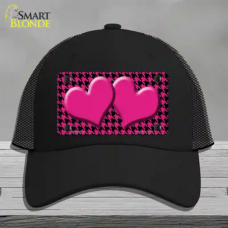 Pink Black Houndstooth Pink Center Hearts Novelty License Plate Hat Mesh / Black