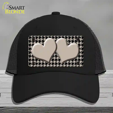 Tan Black Houndstooth Tan Center Hearts Novelty License Plate Hat Mesh / Black