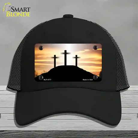 Three Crosses Sunset Novelty License Plate Hat Mesh / Black