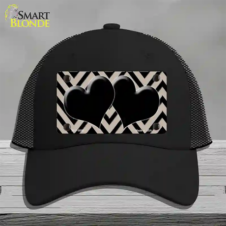 Tan Black Chevon Hearts Novelty License Plate Hat Mesh / Black