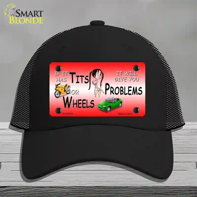 Tits Or Wheels Red Novelty License Plate Hat Mesh / Black