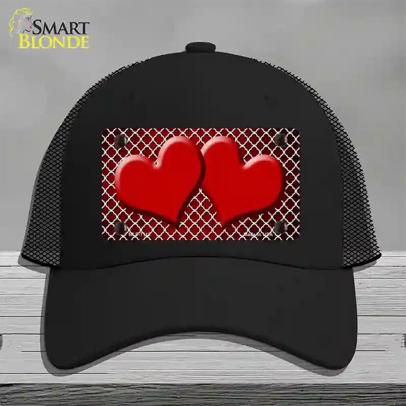 Red White Quatrefoil Hearts Oil Rubbed Novelty License Plate Hat Mesh / Black