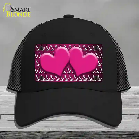 Pink White Anchor Hearts Oil Rubbed Novelty License Plate Hat Mesh / Black