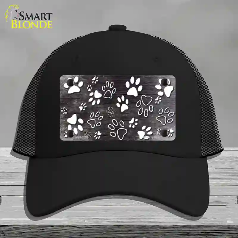 Black White Paw Oil Rubbed Novelty License Plate Hat Mesh / Black