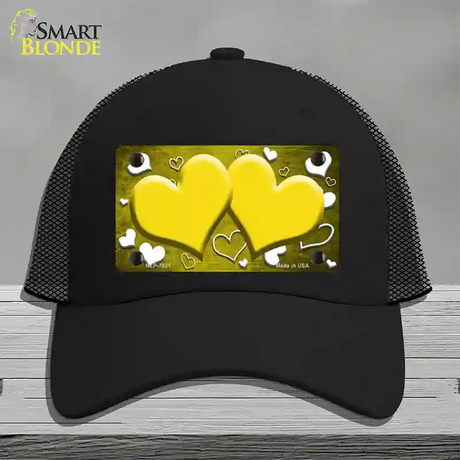 Yellow White Love Hearts Oil Rubbed Novelty License Plate Hat Mesh / Black