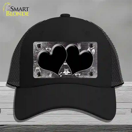 Black White Owl Hearts Oil Rubbed Novelty License Plate Hat Mesh / Black