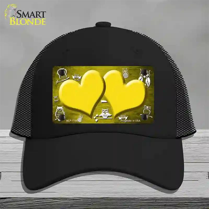 Yellow White Owl Hearts Oil Rubbed Novelty License Plate Hat Mesh / Black