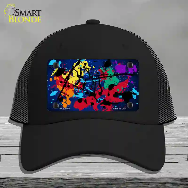 Blue Splatter Oil Rubbed Novelty License Plate Hat Mesh / Black