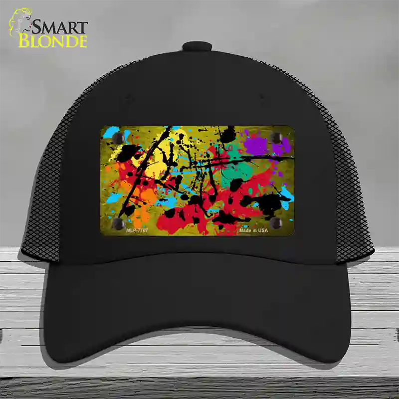 Yellow Splatter Oil Rubbed Novelty License Plate Hat Mesh / Black