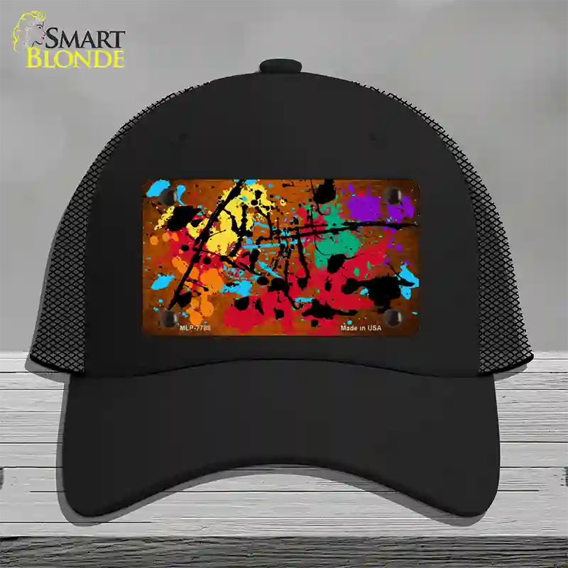 Orange Splatter Oil Rubbed Novelty License Plate Hat Mesh / Black