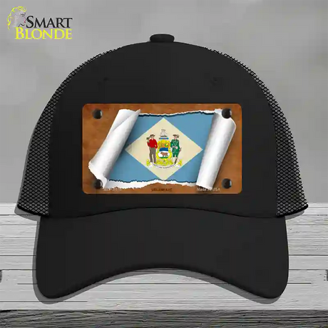 Delaware Flag Scroll Novelty License Plate Hat Mesh / Black