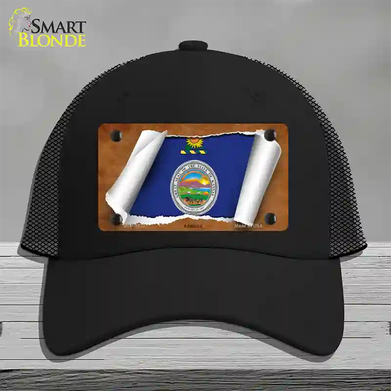 Kansas Flag Scroll Novelty License Plate Hat Mesh / Black