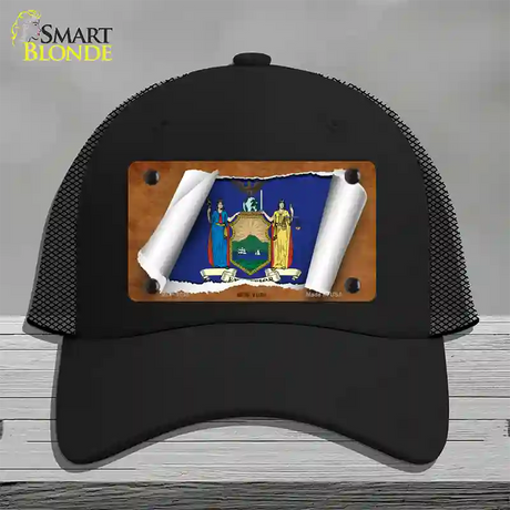 New York Flag Scroll Novelty License Plate Hat Mesh / Black