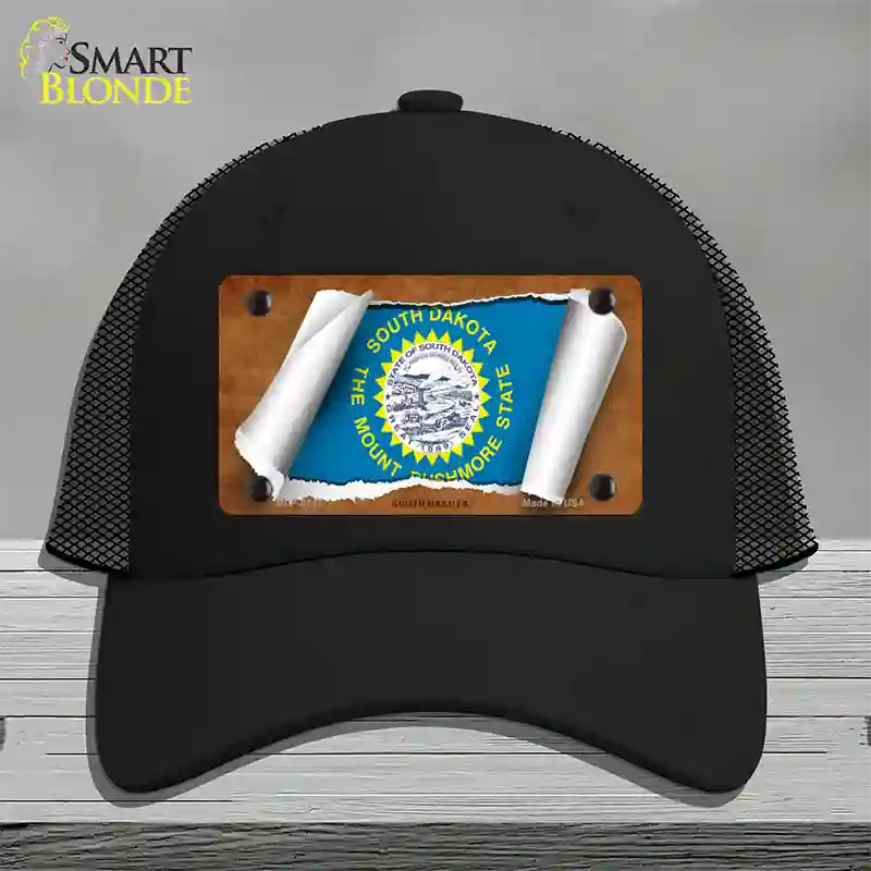 South Dakota Flag Scroll Novelty License Plate Hat Mesh / Black