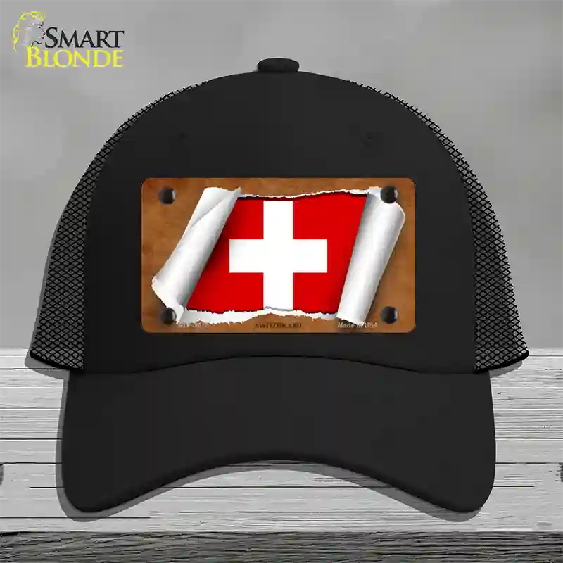 Switzerland Flag Scroll Novelty License Plate Hat Mesh / Black