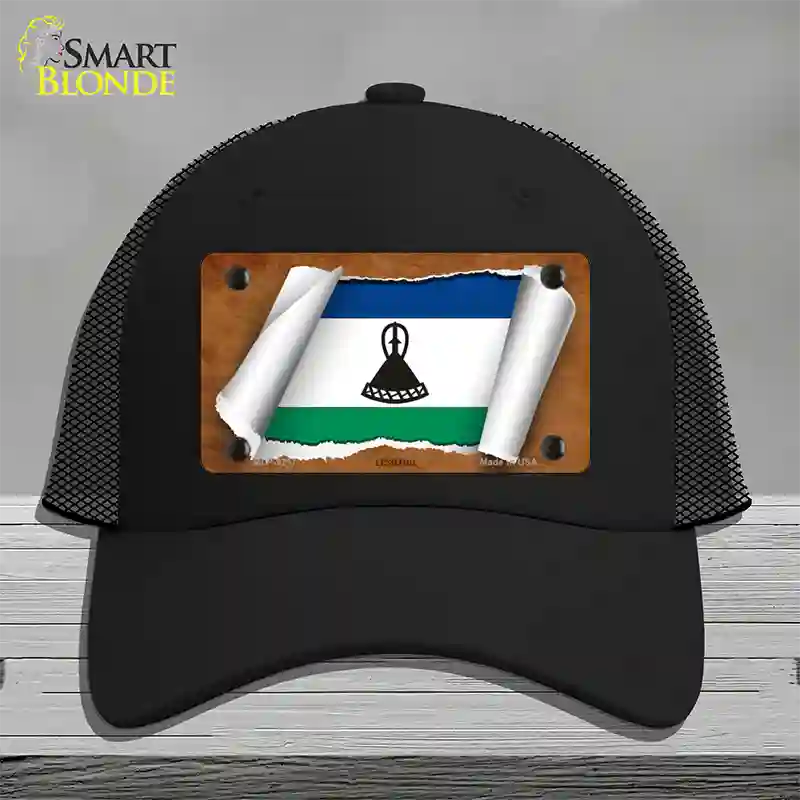 Lesotho Flag Scroll Novelty License Plate Hat Mesh / Black