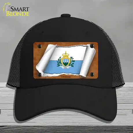 San Marino Flag Scroll Novelty License Plate Hat Mesh / Black