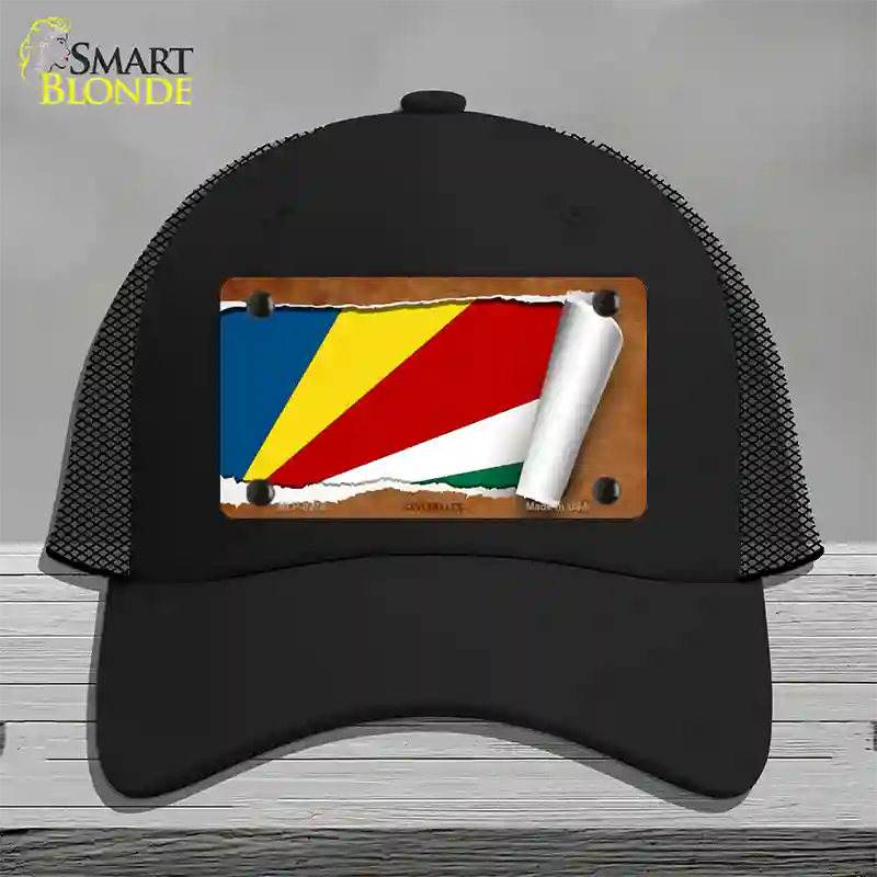 Seychelles Flag Scroll Novelty License Plate Hat Mesh / Black