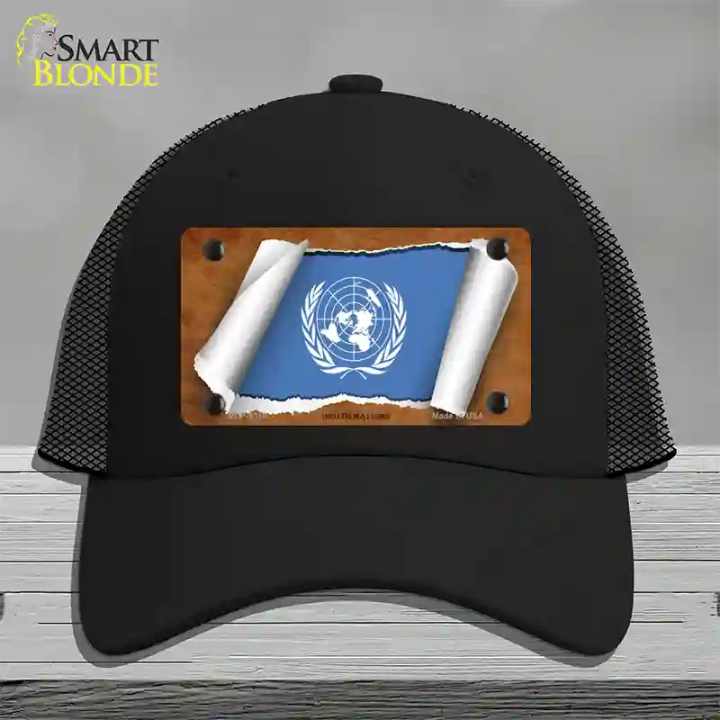 United Nations Flag Scroll Novelty License Plate Hat Mesh / Black