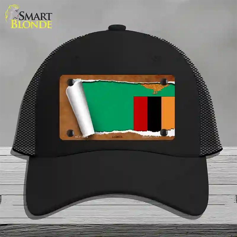 Zambia Flag Scroll Novelty License Plate Hat Mesh / Black