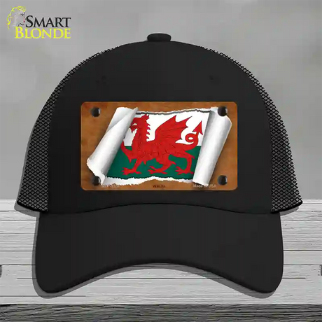 Wales Flag Scroll Novelty License Plate Hat Mesh / Black