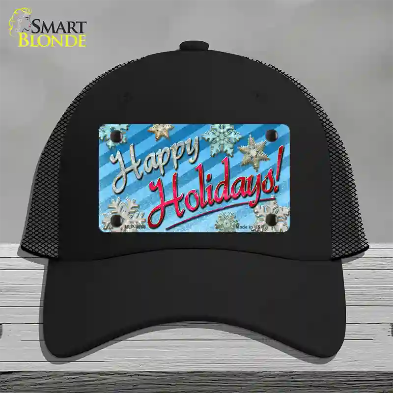 Happy Holidays Blue Novelty License Plate Hat Mesh / Black