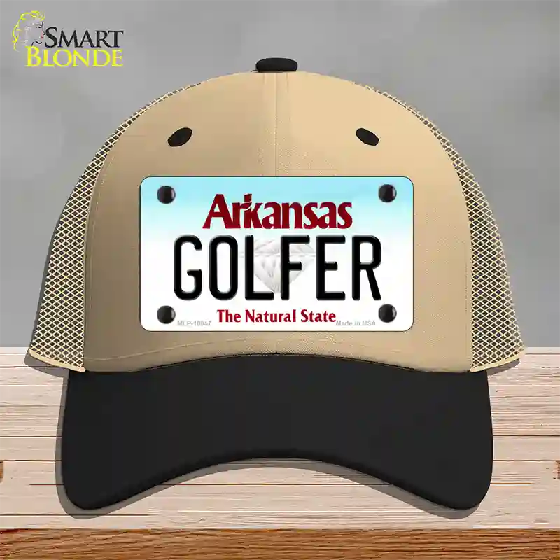 Golfer Arkansas Novelty License Plate Hat Mesh / Khaki|Black