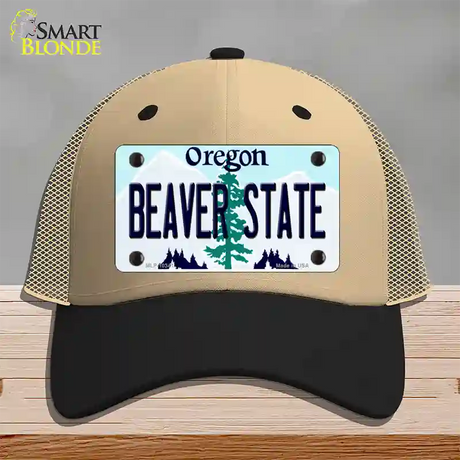 Beaver State Oregon Novelty License Plate Hat Mesh / Khaki|Black