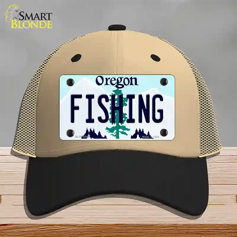 Fishing Oregon Novelty License Plate Hat Mesh / Khaki|Black