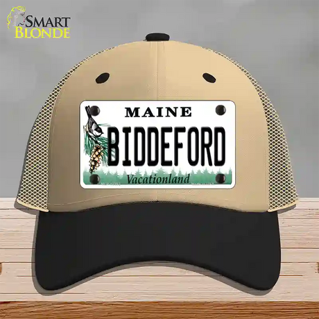 Biddeford Maine Novelty License Plate Hat Mesh / Khaki|Black