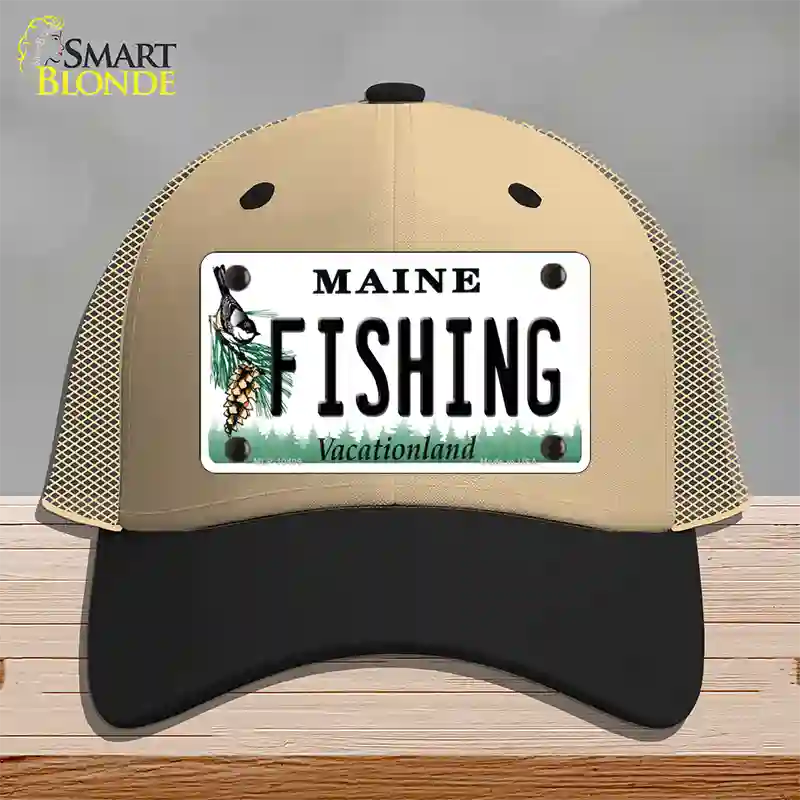 Fishing Maine Novelty License Plate Hat Mesh / Khaki|Black