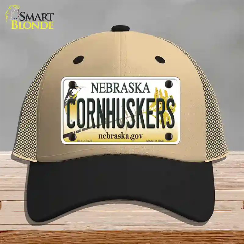 Cornhuskers Nebraska Novelty License Plate Hat Mesh / Khaki|Black