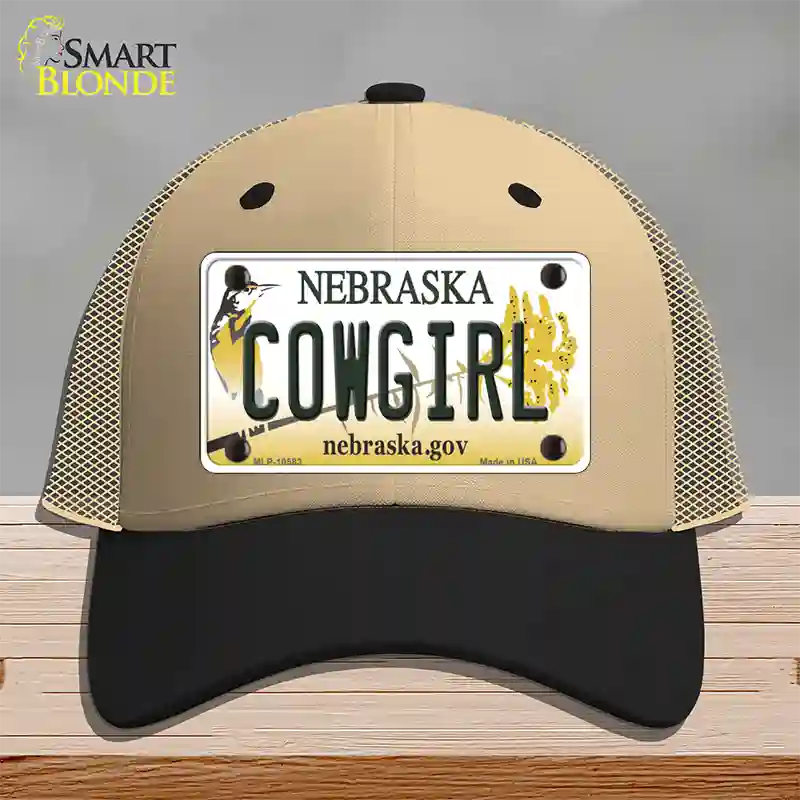 Cowgirl Nebraska Novelty License Plate Hat Mesh / Khaki|Black