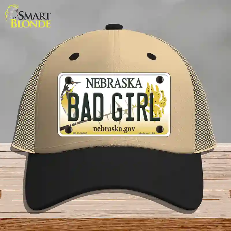 Bad Girl Nebraska Novelty License Plate Hat Mesh / Khaki|Black