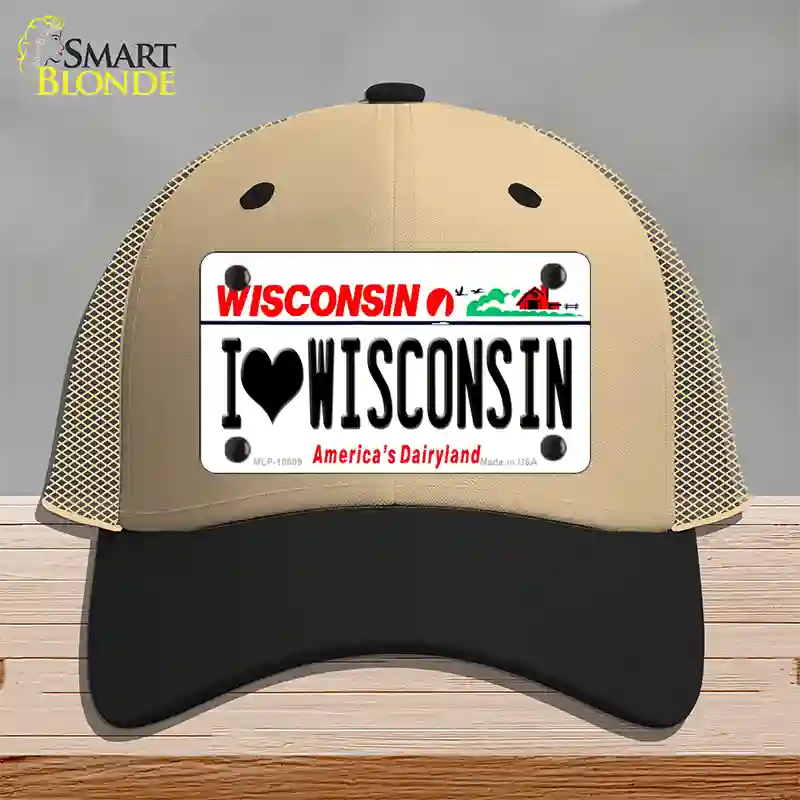 I Love Wisconsin Novelty License Plate Hat Mesh / Khaki|Black