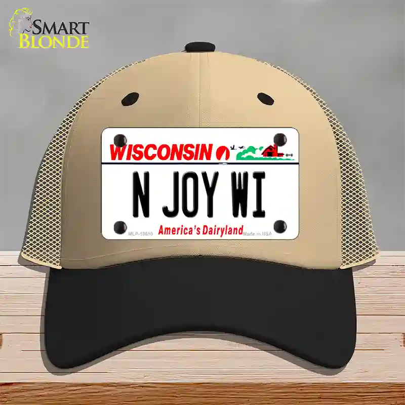 N Joy WI Wisconsin Novelty License Plate Hat Mesh / Khaki|Black