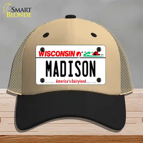 Madison Wisconsin Novelty License Plate Hat Mesh / Khaki|Black