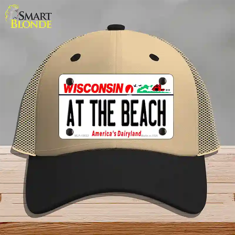 At The Beach Wisconsin Novelty License Plate Hat Mesh / Khaki|Black