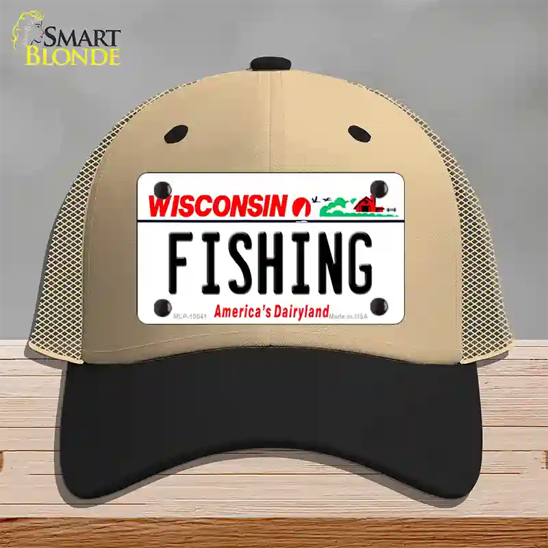 Fishing Wisconsin Novelty License Plate Hat Mesh / Khaki|Black