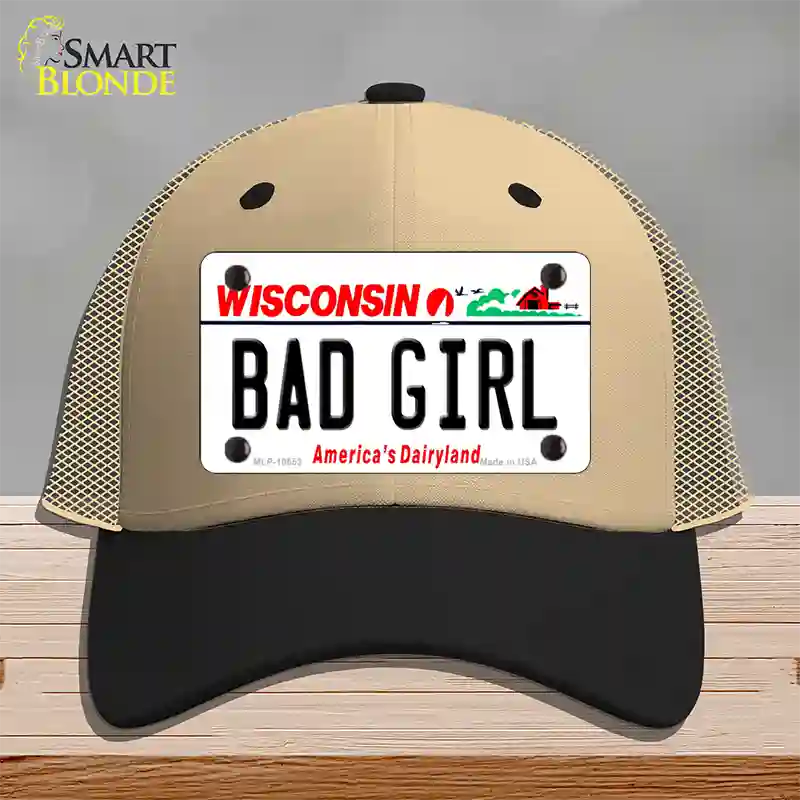 Bad Girl Wisconsin Novelty License Plate Hat Mesh / Khaki|Black