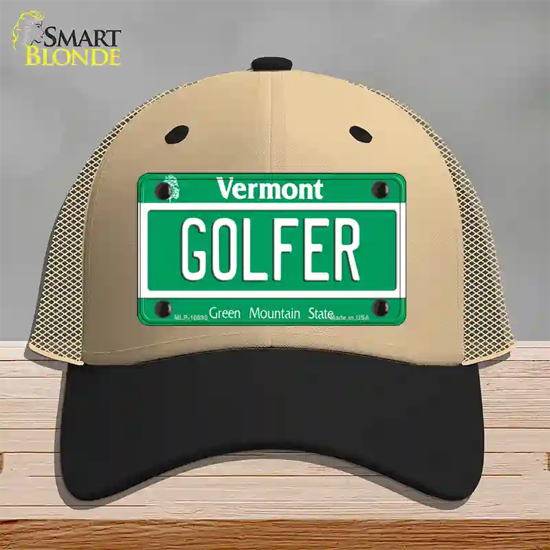 Golfer Vermont Novelty License Plate Hat Mesh / Khaki|Black