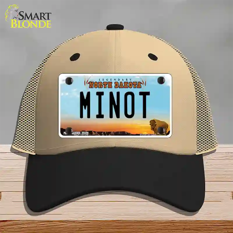 Minot North Dakota Novelty License Plate Hat Mesh / Khaki|Black