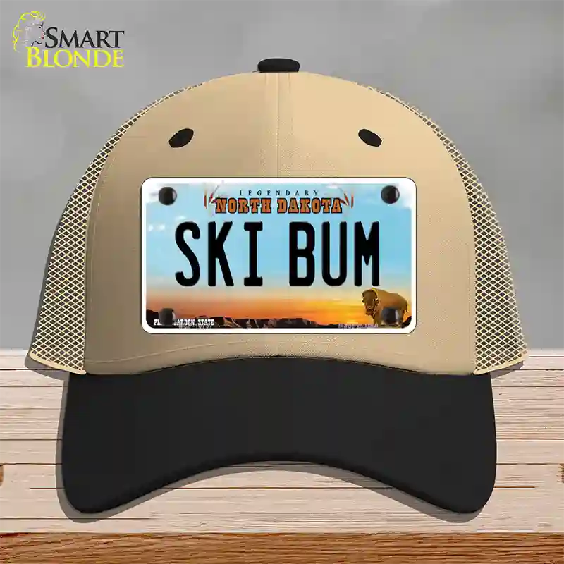 Ski Bum North Dakota Novelty License Plate Hat Mesh / Khaki|Black