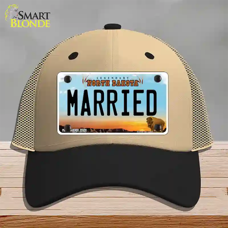 Married North Dakota Novelty License Plate Hat Mesh / Khaki|Black