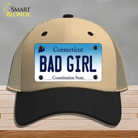 Bad Girl Connecticut Novelty License Plate Hat Mesh / Khaki|Black