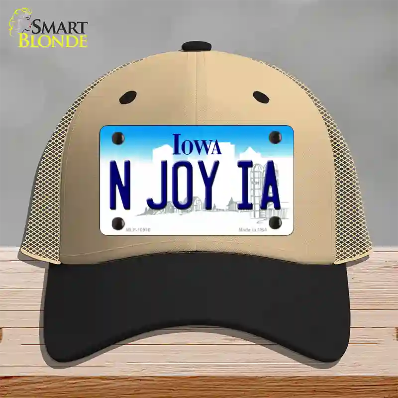 N Joy IA Iowa Novelty License Plate Hat Mesh / Khaki|Black