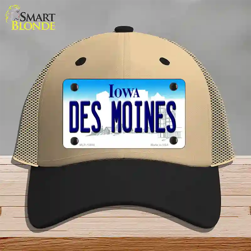 Des Moines Iowa Novelty License Plate Hat Mesh / Khaki|Black