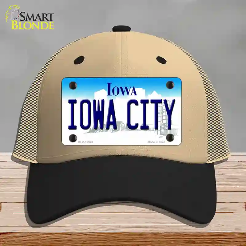 Iowa City Iowa Novelty License Plate Hat Mesh / Khaki|Black