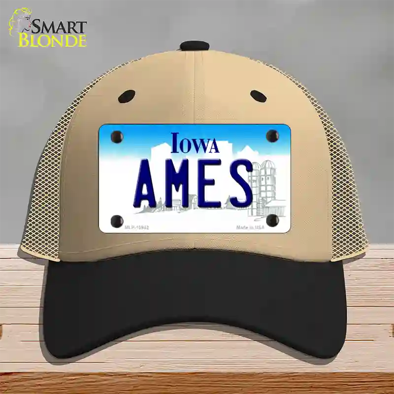 Ames Iowa Novelty License Plate Hat Mesh / Khaki|Black